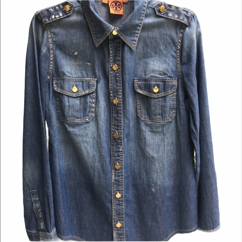Tory Burch distressed denim Logo button shirt